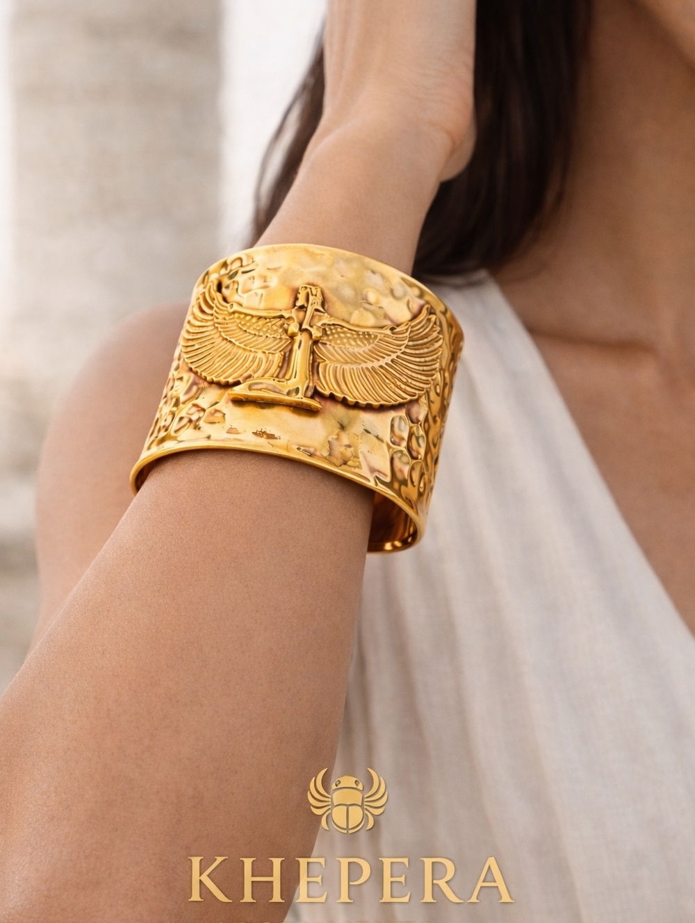 Brass Gold Isis Cuff Bracelet, Egyptian Jewelry, Hammered, Ancient